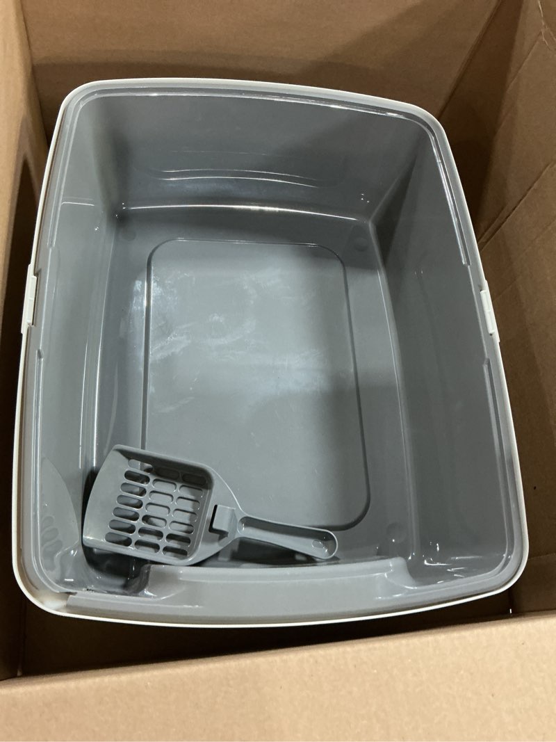 Condition photo showing As Is for amazon basics large cat litter box with high sides, open top, includes scoop, 19 x 15 x 11.75 inches, grey/beige grey/beige open top