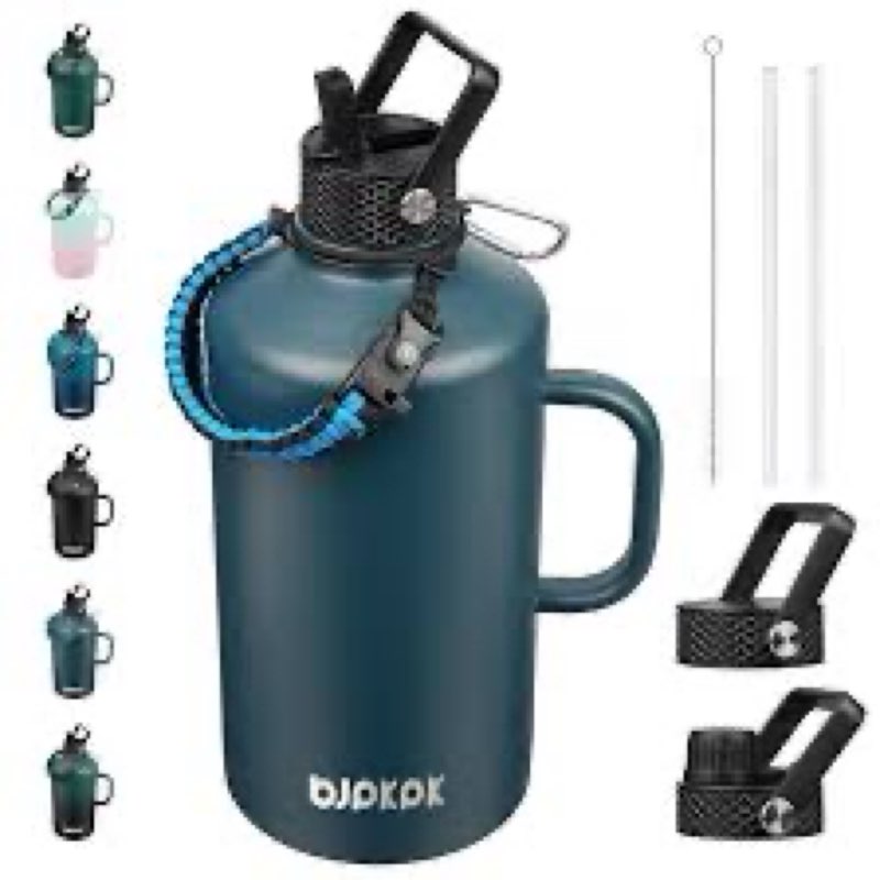 bjpkpk insulated water bottles with straw lid, 50oz, 64oz, 87oz, 128oz large water bottle with 3 lid