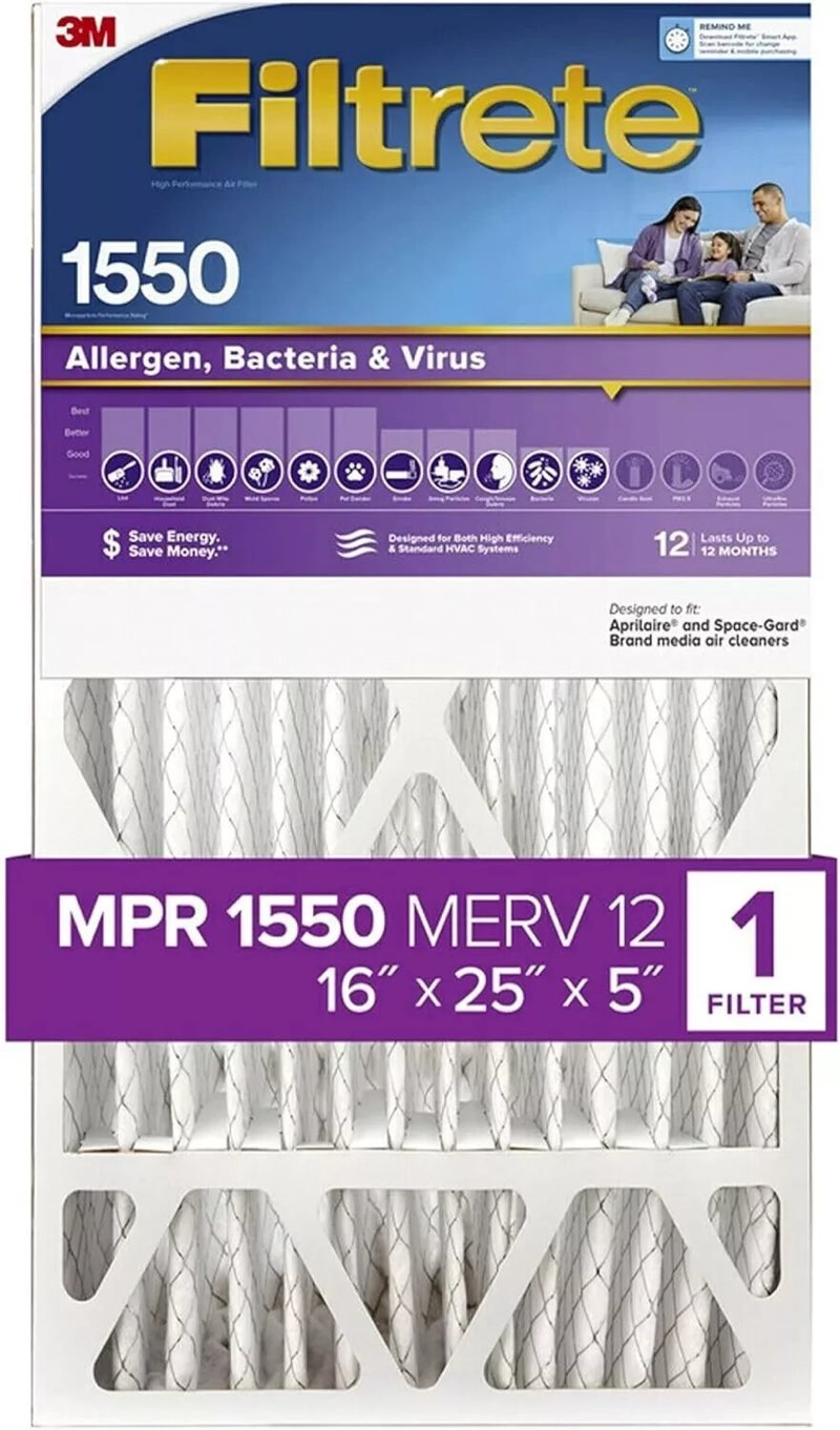 3m filtrete 16"x25"x5" deep pleat 1550 air filter ndp01-5in-2 allergen virus+