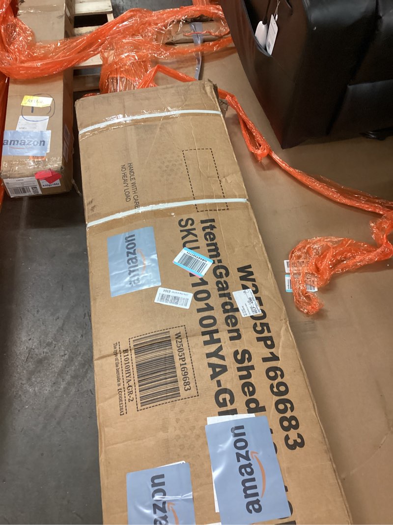 Condition photo showing New/Like New for 10X10 FT Outdoor Storage Shed,Metal Shed W/Lockable Doors,Air Vents & Sloped Roof,Garden Tool House W/Updated Frame Structure,for Backyard Patio Lawn,Gray