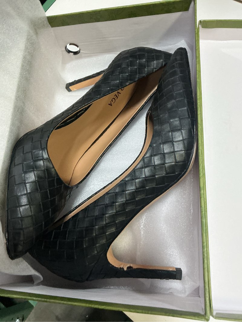 Condition photo showing As Is for women's pointed toe high heels slip on stiletto pumps woven texture elegant dress shoes for wedding office party shoes size 8
