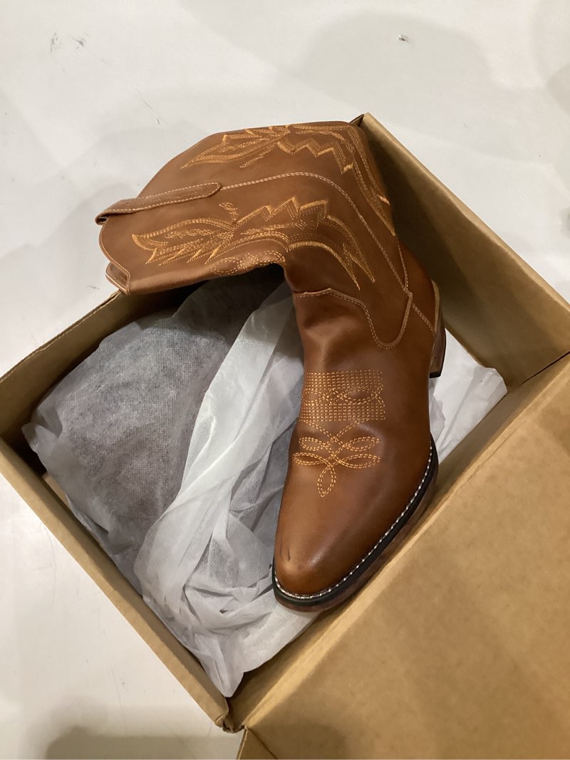 Condition photo showing Good Condition for iuv cowboy boots for women mid calf pull-on cowgirl boots | wide calf ponited-toe western boots 8 brown