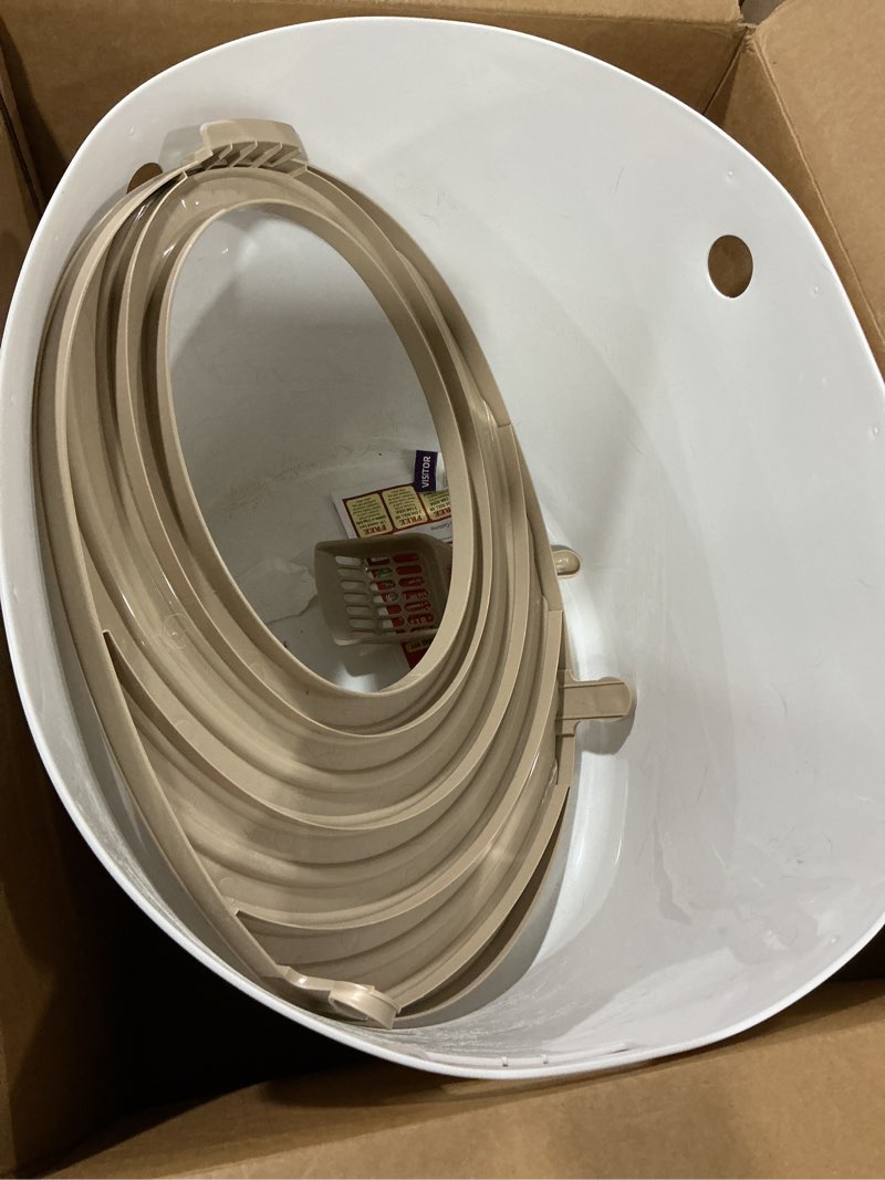 Condition photo showing As Is for IRIS USA Cat Litter Box, Large Top Entry with Litter Catching Lid and Scoop, Dog Proof, Cat Box Enclosure, Beige/White Top Entry White/Beige