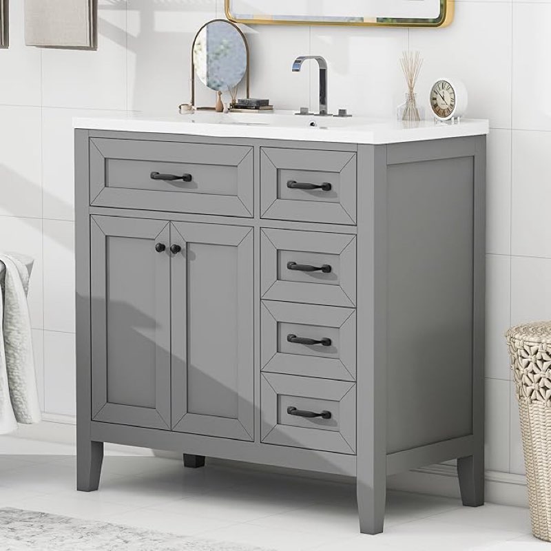 (Similar)36\" Bathroom Vanity with Sink Combo, Bathroom Cabinet with Drawers, Solid Frame and MDF Board,Grey