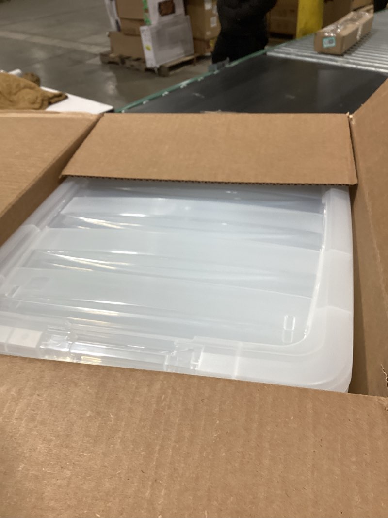 Condition photo showing Good Condition for IRIS USA 32 QT Plastic Storage Box with Lid and Latches - 6 Pack - BPA-Free, See-Through Organizing Solution, Durable Nestable Stackable Containers, Secure Pull Handle - Clear Clear 32 Qt 6 Pack