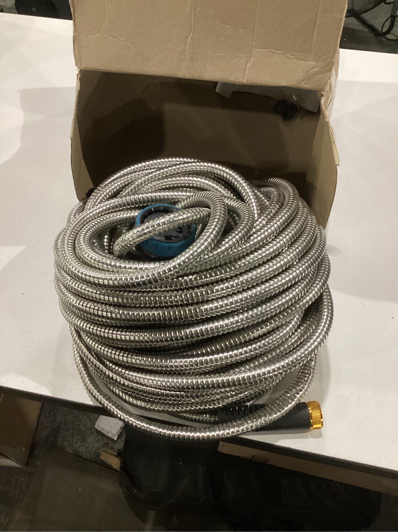 Condition photo showing Good Condition for garden hose 100ft, water hose with 10 function nozzle, garden hose metal with leak-proof connectors, no-kink, lightweight, puncture-proof, pet-proof, sturdy, 550psi, hose for outdoor, yard silver 100ft