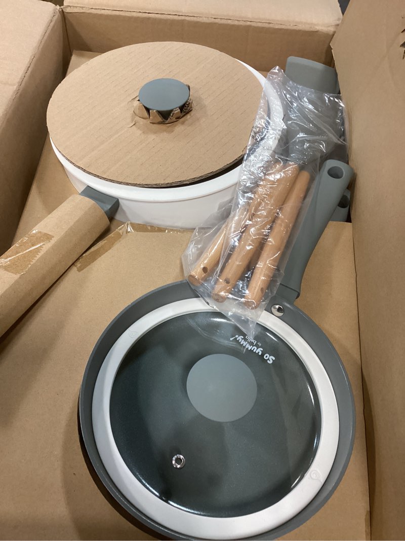 Condition photo showing Good Condition for so yummy by bella 12 piece cookware set w evergood™ ceramic nonstick coating? and silicone & wood utensils, dishwasher safe silicone & glass lids, oven safe & all stovetop compatible, frost, so yummy