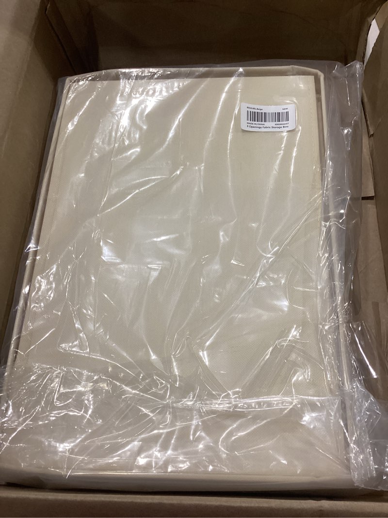 Condition photo showing New/Like New for 3 opeings large clothes storage bins with metal frame, foldable storage bin for clothes, clothing storage bins with lid, linen storage box with clear window? zippers? durable handles.(3 pcs,beige,66l) beige large-(19.7 x 15.7 x 13)ines