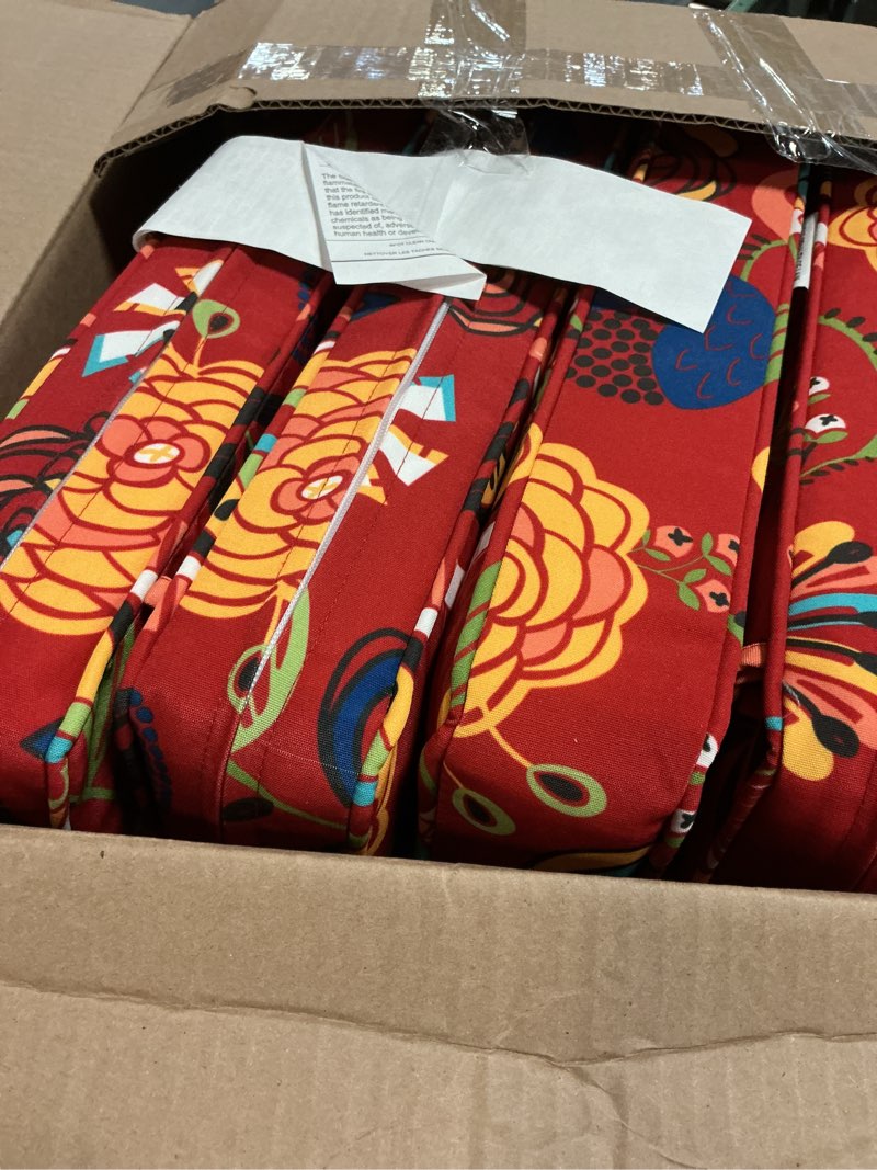 Condition photo showing Good Condition for downluxe outdoor chair cushions set of 4, waterproof 19" x 19" x 3" patio chair cushion with non-slip ties & handle, square outdoor cushion for patio furniture with removable cover, sonia scarlet 19x19x3 | 4 count sonia scarlet