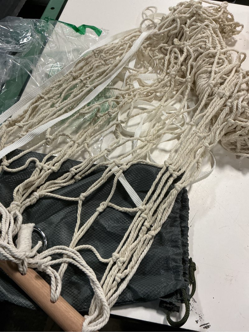 Condition photo showing Good Condition for cotton rope hammocks with wood spreader,traditional hand woven children hammock for outdoor, indoor,patio, backyard,accommodates one person with a weight capacity of 220 lbs.