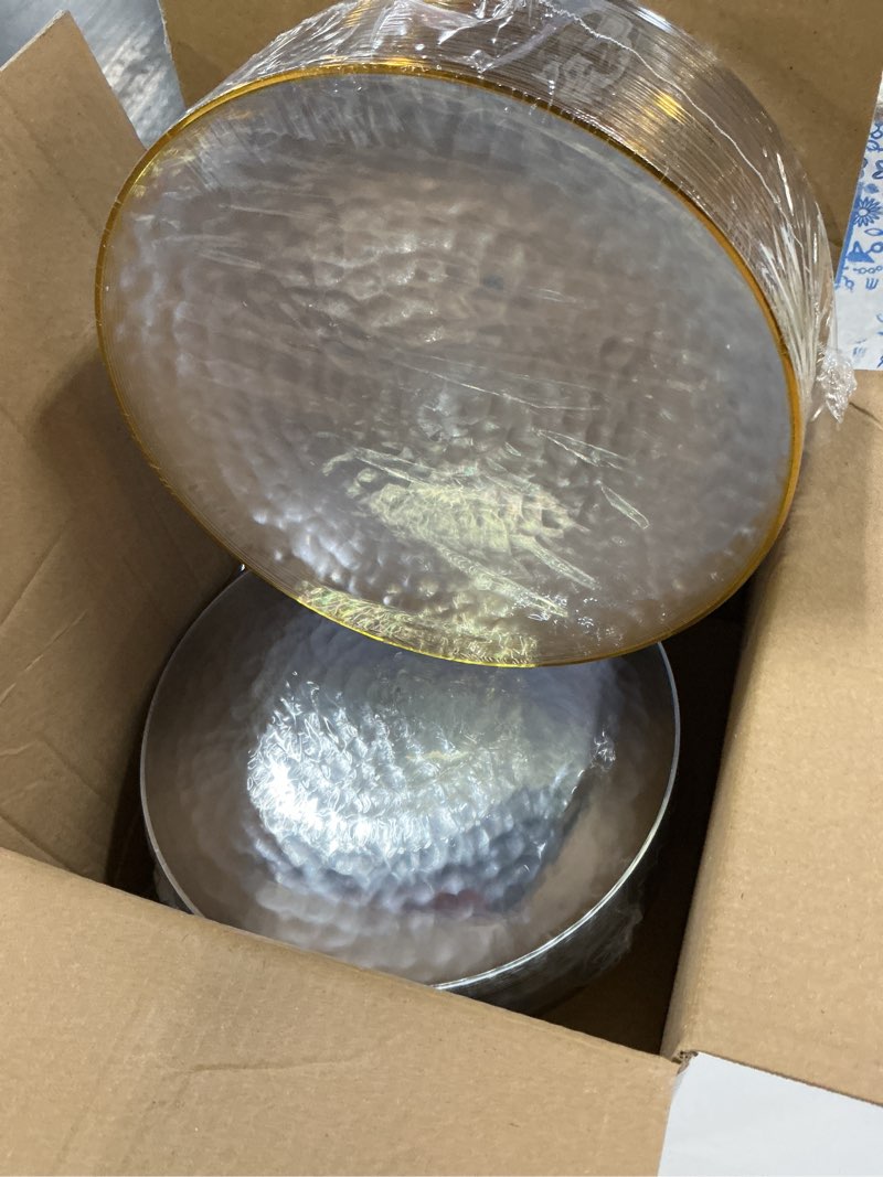 Condition photo showing New/Like New for 100pcs clear and gold plastic plates, 7 inch disposable dessert plates with gold rim, heavy duty stone texture plastic plates for party and weddings clear gold 7 inch