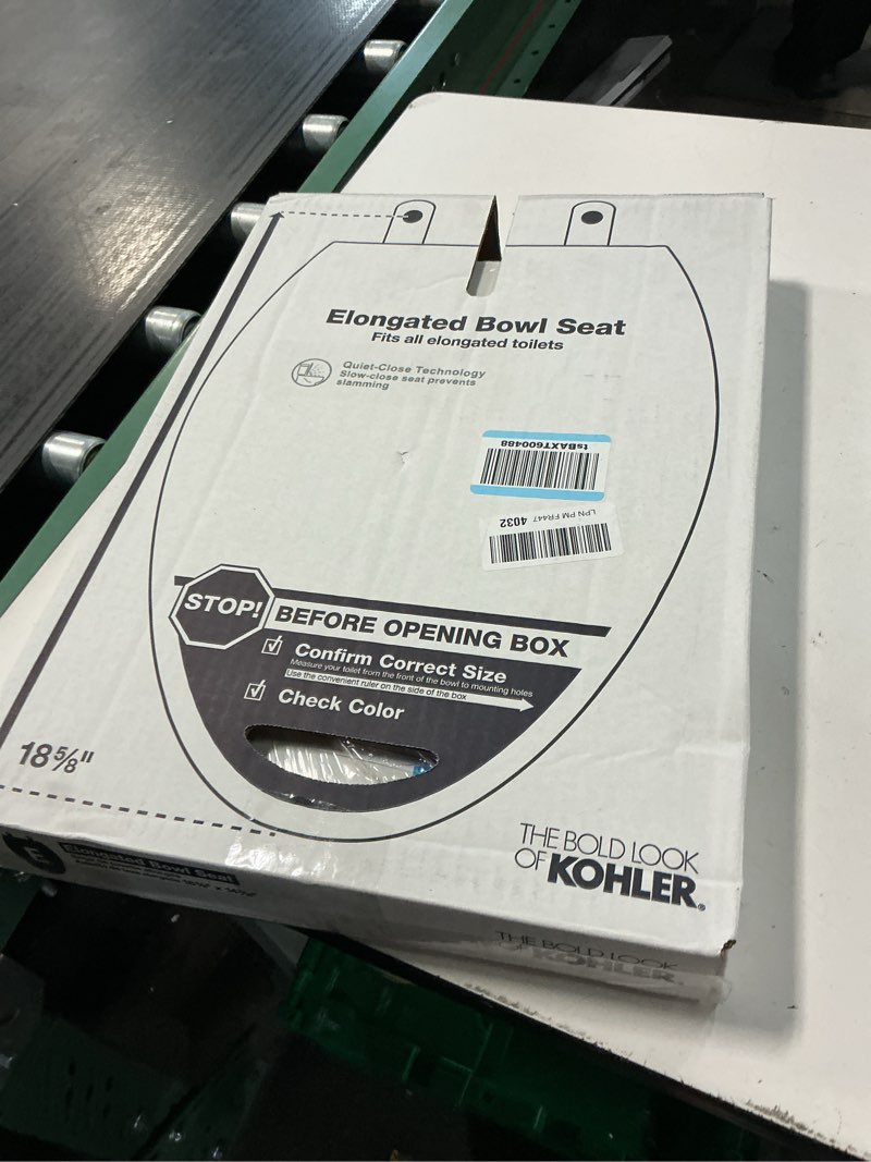 Condition photo showing New/Like New for kohler k-20110-0 brevia elongated toilet seat with grip-tight bumpers, quiet-close seat, quick-attach hardware, white