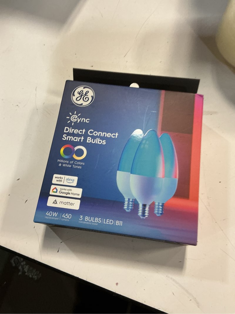 Condition photo showing New/Like New for ge cync smart led light bulbs, color changing decorative light bulbs, indoor wifi lights, matter compatible, compatible with alexa and google home, candelabra base (3 pack)