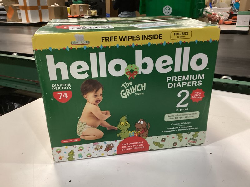 Condition photo showing New/Like New for hello bello dr. seuss baby grinch premium diapers, size 2 (10-16 lbs), 74ct plus bonus baby wipes: softness & protection for sensitive skin dr. seuss baby grinch size 2