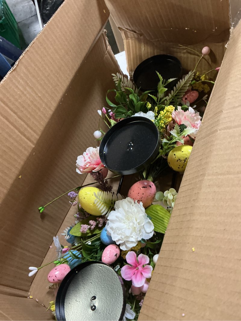 Condition photo showing Good Condition for 22" easter centerpieces for tables and fireplaces with 3 candle trays, artificial easter egg candle holder decorations with colorful spring flowers & branches & green leaves