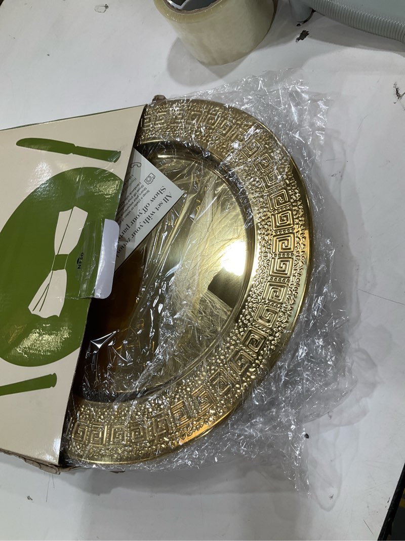 Condition photo showing Good Condition for 6 pack 13'' gold party chargers reusable large plates, greek key pattern great for easter elegant party's weddings tableware great for serving dish gold greek key pattern