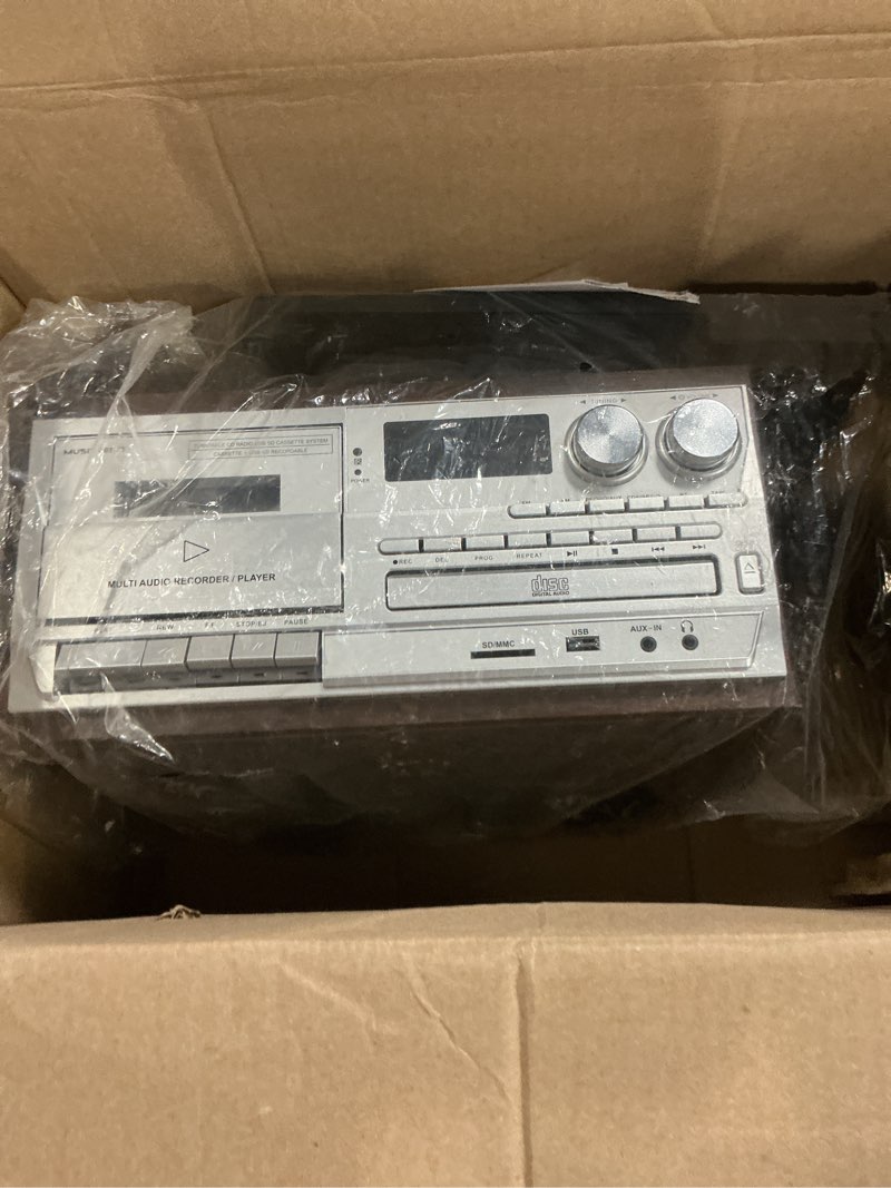 Condition photo showing Good Condition for record player with bluetooth 3 speed turntable built in stereo speakers cd cassette usb sd playback am fm radio with remote control for daily listening and music collection silver-t408
