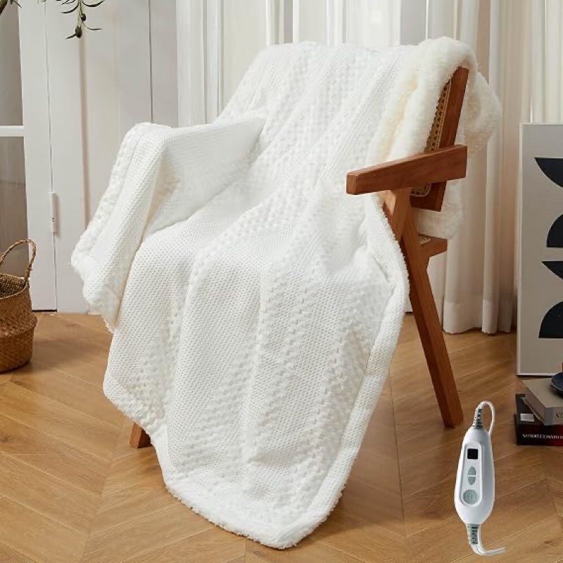 garveehome heated throw blanket electric 50"x60", soft waffle weave to sherpa heating throw with 6 heating levels, 4 hours auto off, machine washable, gift suit for couch bed sofa home office