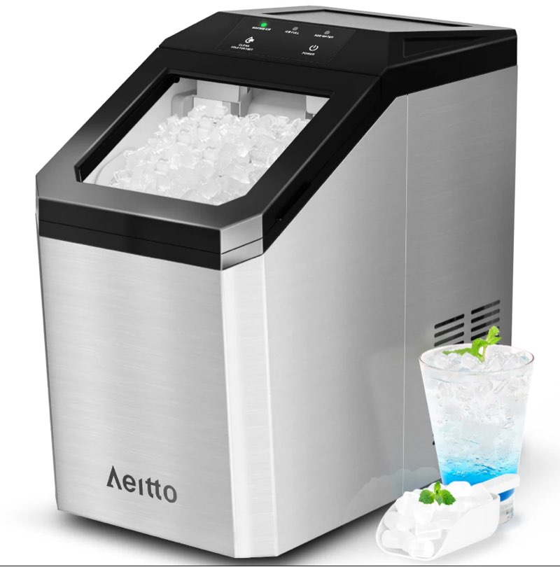 AEITTO NUGGET ICE MAKER COUNTERTOP, 55LBS/DAY, LARGE CAPACITY CHEWABLE ICE MAKER, RAPID ICE RELEASE IN 5 MINS, SELF-CLEANING WITH STAINLESS STEEL HOUSING ICE MACHINE FOR HOME OFFICE AND PARTY, SILVER
