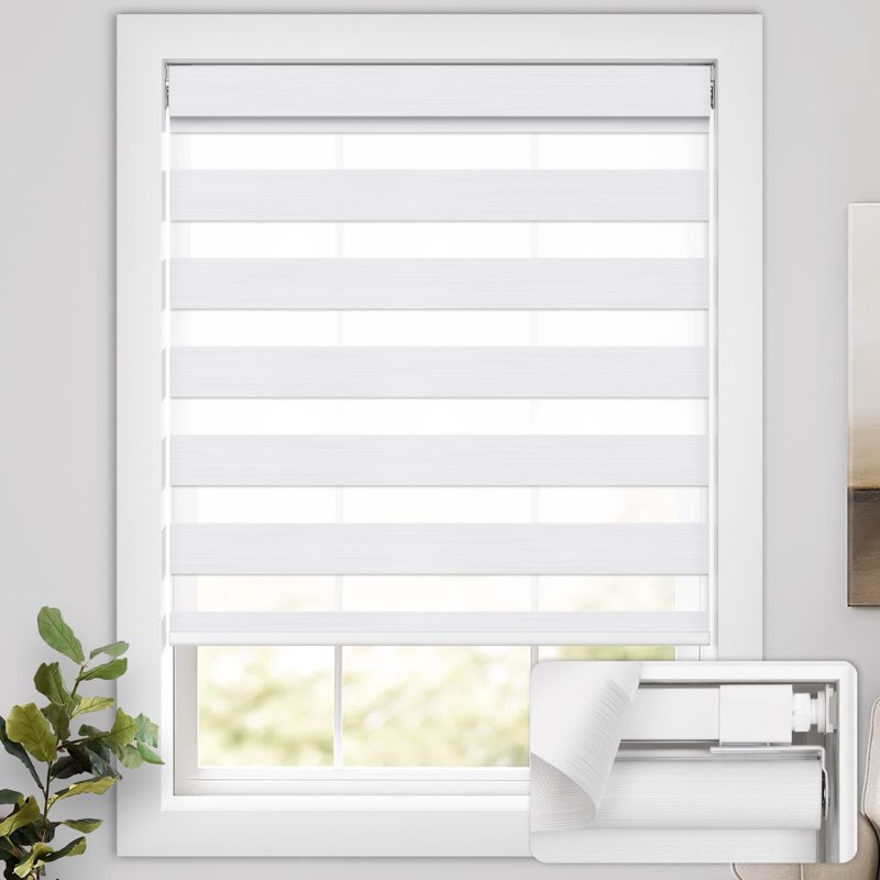 UNISHADES No Drill Cordless Zebra Blinds for Windows, Linen High Precision Fabrics, 27" W x 64" H Li