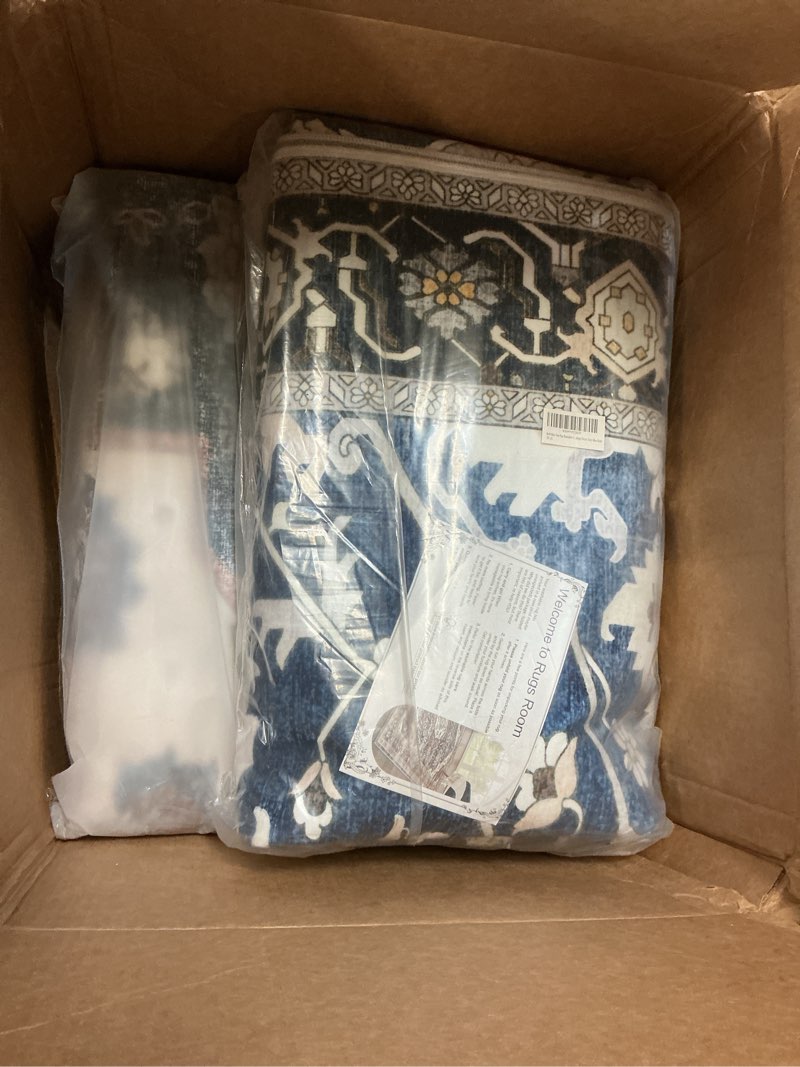 Condition photo showing As Is for washable 3x12 hallway runner rug: oriental non-slip rugs for entryway living room floral stain resistant long kitchen bathroom carpets accent low pile floor mat for dining room bedroom (3x12,blue) 3' x 12' (rectangular) blue