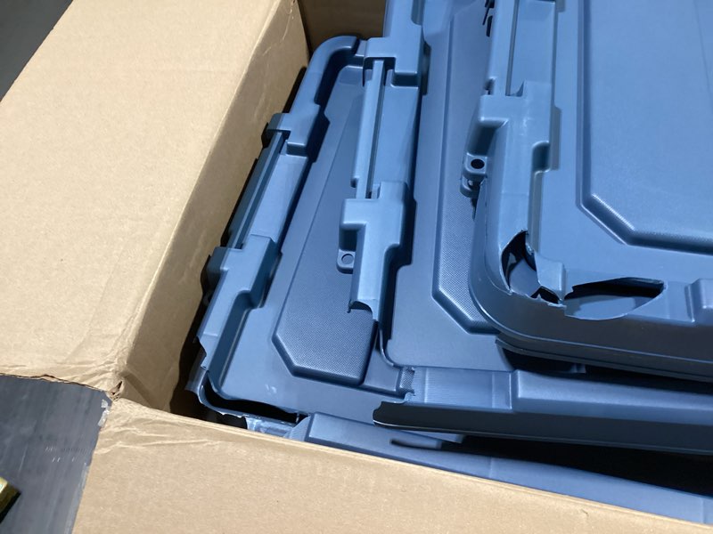 Condition photo showing As Is for IRIS USA 12 Gallon Eco-Friendly Lockable Storage Bins with Lids, 4 Pack - Made in USA, Heavy Duty, Stackable Containers, Garage Organizing Bins Moving Tubs, Rugged Sturdy Equipment Utility Box - Navy Navy 12 Gal - 4 Pack