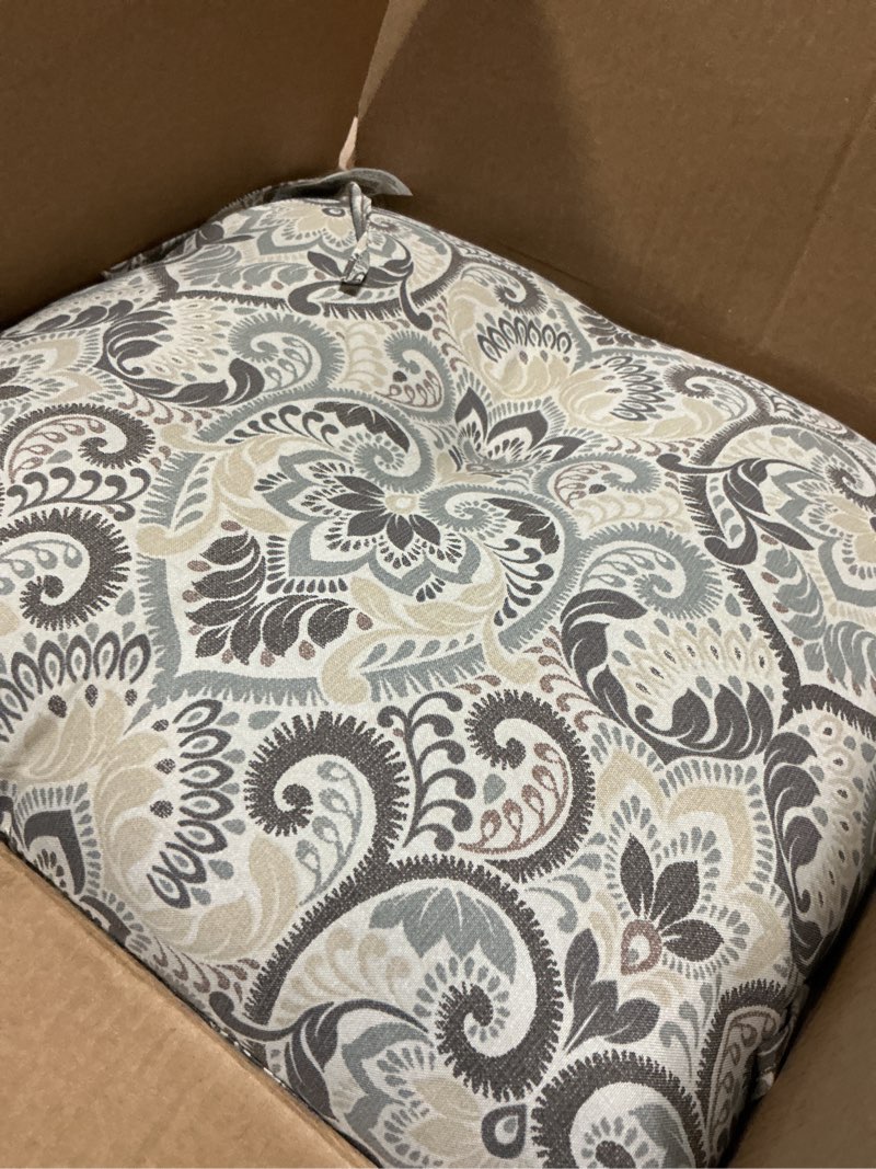 Condition photo showing Good Condition for arden outdoor plush modern tufted blowfill dining chair cushion, 21 x 40, water repellent, fade resistant, tufted cushion for dining and bistro chairs 21 x 40, neutral aurora damask