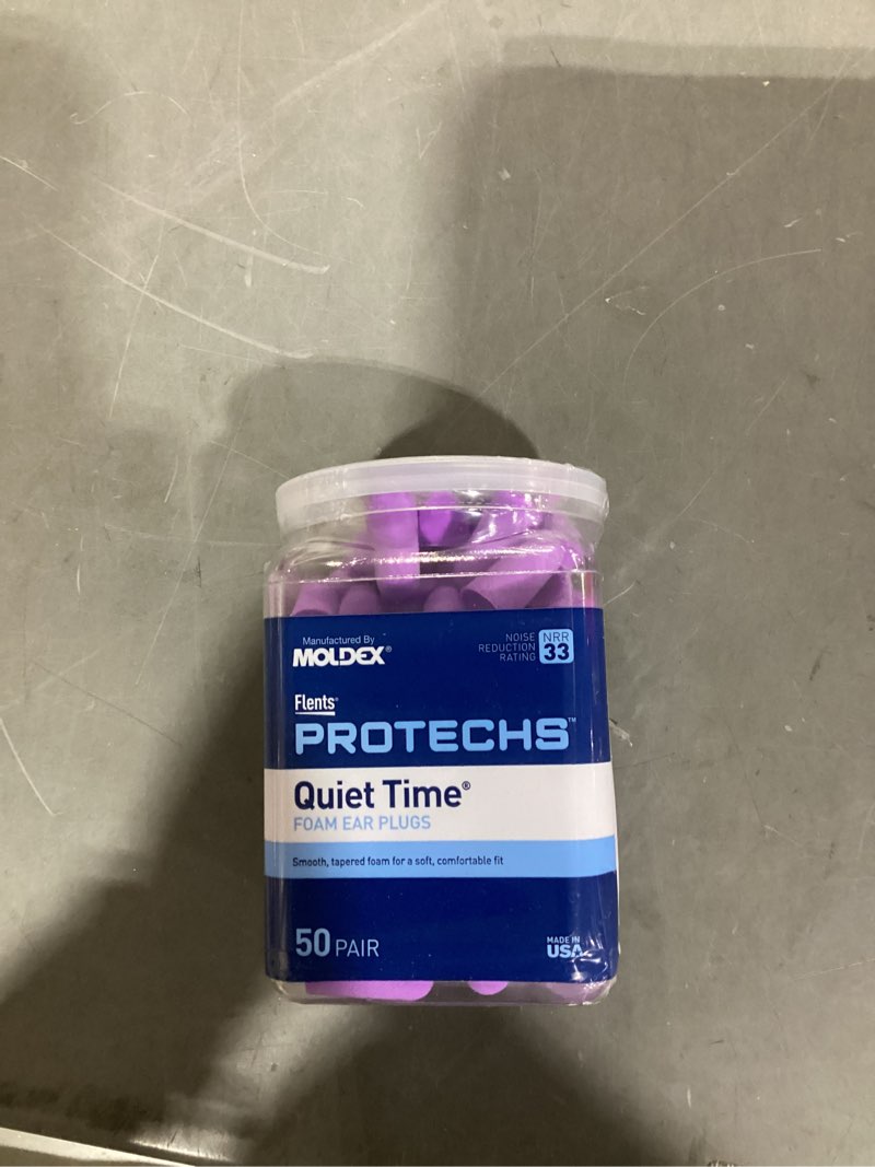 Condition photo showing New/Like New for flents protechs foam ear plugs, 50 pair for sleeping, snoring, loud noise, traveling, concerts, construction, studying, work, shooting, nrr 33, noise cancelling, disposable, purple, made in the usa 50 pair (pack of 1)