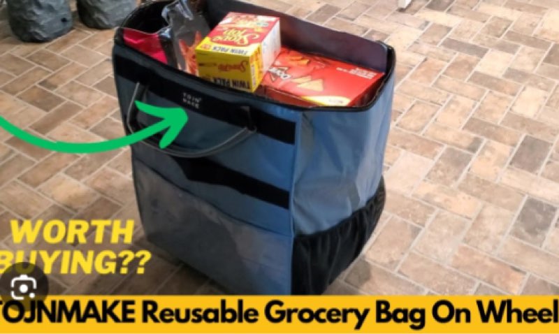 tojnmake reusable grocery bag on wheels, rolling tote with 8 pockets and zipper cover, shopping trolley, foldable, heavy duty handles, carries up to 46 lbs 