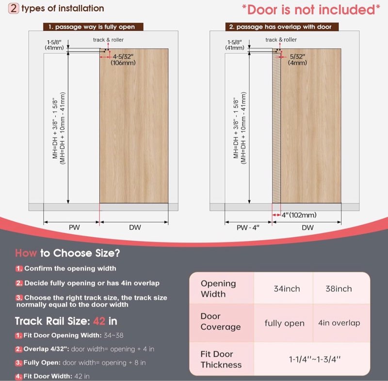42\" concealed sliding barn door hardware kit with soft close mechanism for 34in passage opening, hidden sliding door hardware, wall mount for interior wooden door (no door) 42'' hardware kit