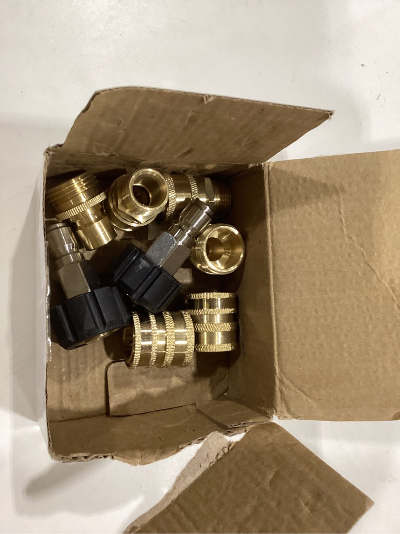 Condition photo showing As Is for twinkle star pressure washer adapter set, quick disconnect kit, m22 14 mm quick connect swivel to 3/8'' quick connect fittings, 3/4" to quick release 8 sets brass