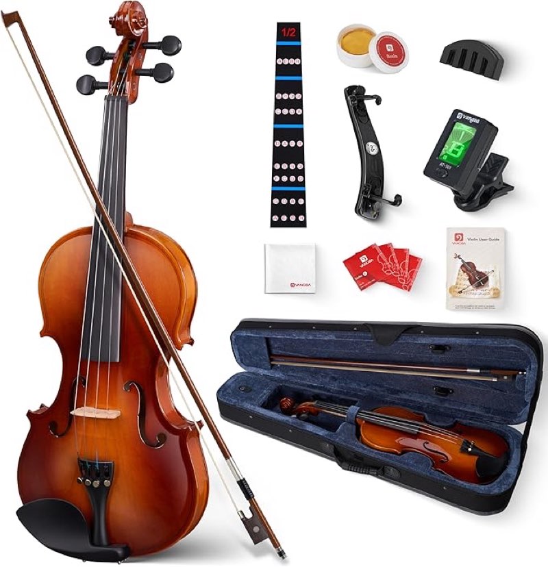 vangoa violin 1/2 size for beginners full set, spruce childrens fiddle half size bundle medium acoustic violins starter kit package w/side solidwood, hard case for school students 