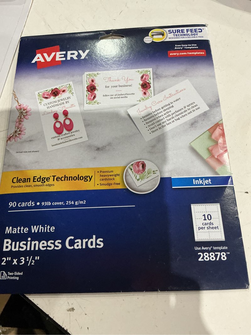 Condition photo showing Good Condition for avery business cards, clean edge, matte white, 2" x 3.5", paper, inkjet, pack of 90 cards