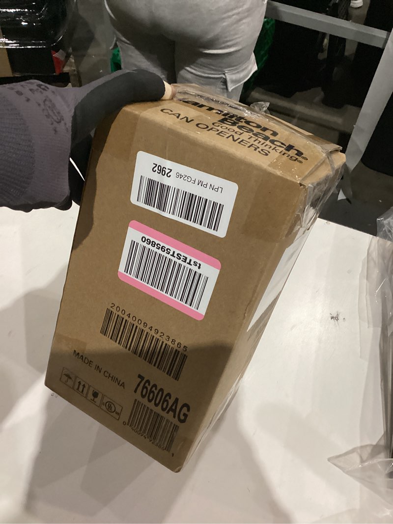 Condition photo showing As Is for hamilton beach smooth touch electric automatic can opener with easy push down lever, eliminates sharp edges, opens all standard-size and pop-top cans, extra tall, black and chrome (76606ag) black and chrome extra tall can opener