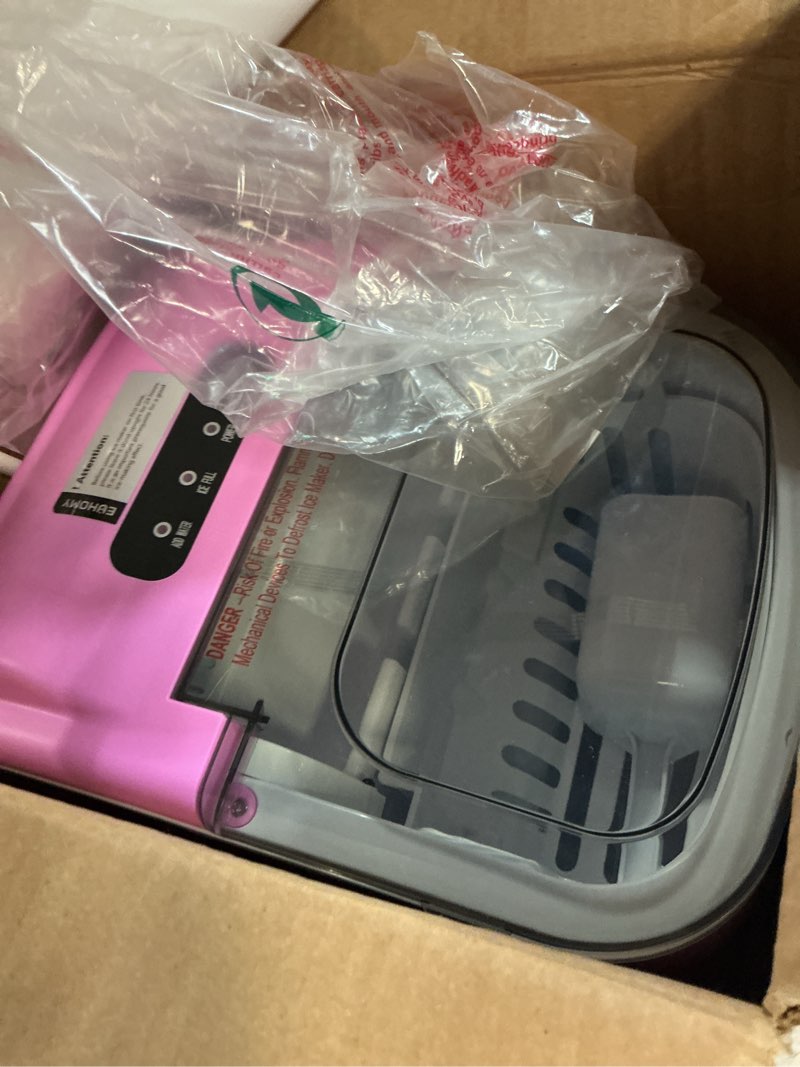 Condition photo showing As Is for euhomy countertop ice maker machine with handle, 26lbs in 24hrs, 9 ice cubes ready in 6 mins, auto-cleaning portable ice maker with basket and scoop, for home/kitchen/camping/rv. (pink  26lbs