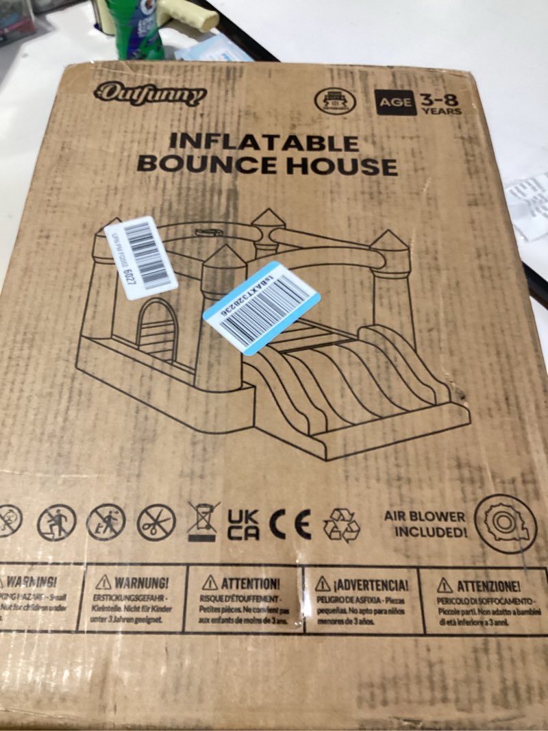 Condition photo showing New/Like New for bounce house with slide, inflatable bouncy house for kids 3-8, outdoor&indoor, bounce area 8'x8', capacity 400 lb - pink