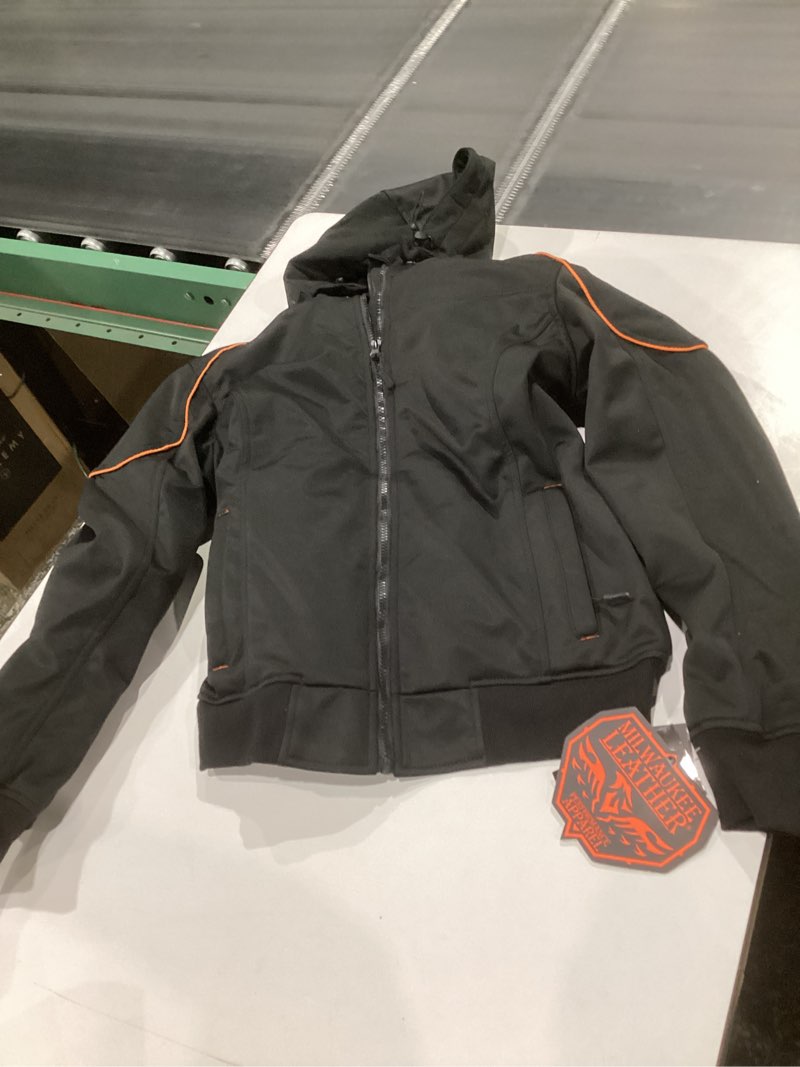 Condition photo showing Good Condition for milwaukee leather mpl2764 women's black soft shell armored motorcycle racing style jacket with hoodie, size small