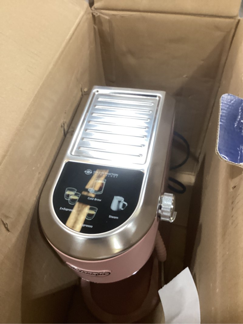 Condition photo showing As Is for de'longhi dedica duo compact espresso machine - cold brew coffee maker with milk frother wand- for espresso, hot & iced coffee, cappuccinos, lattes & home barista brewing, rosé pink