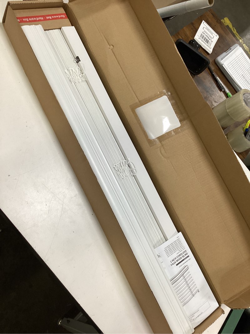 Condition photo showing New/Like New for allen + roth trim at home 2-in slat width 34-in x 64-in cordless white faux wood room darkening horizontal blinds