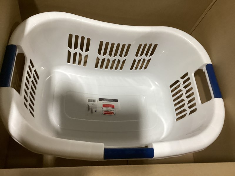 Condition photo showing Good Condition for rubbermaid large hip-hugger laundry basket/hamper, 1.5-bushel, white, stackable storage bin/organizer for bathroom/bedroom/dorm/home 1.5 bushel large hip hug basket