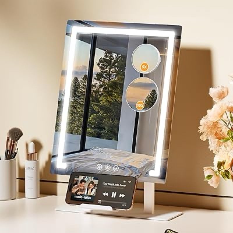Gospire Lighted Makeup Mirror, Hollywood 4000mAh Rechargeable Vanity Mirror with 5X/10X Magnification, 3-Color Dimmable Lighting, Touch Control, Phone Holder, 11x16.8 LED Tabletop Mirror for Bedroom