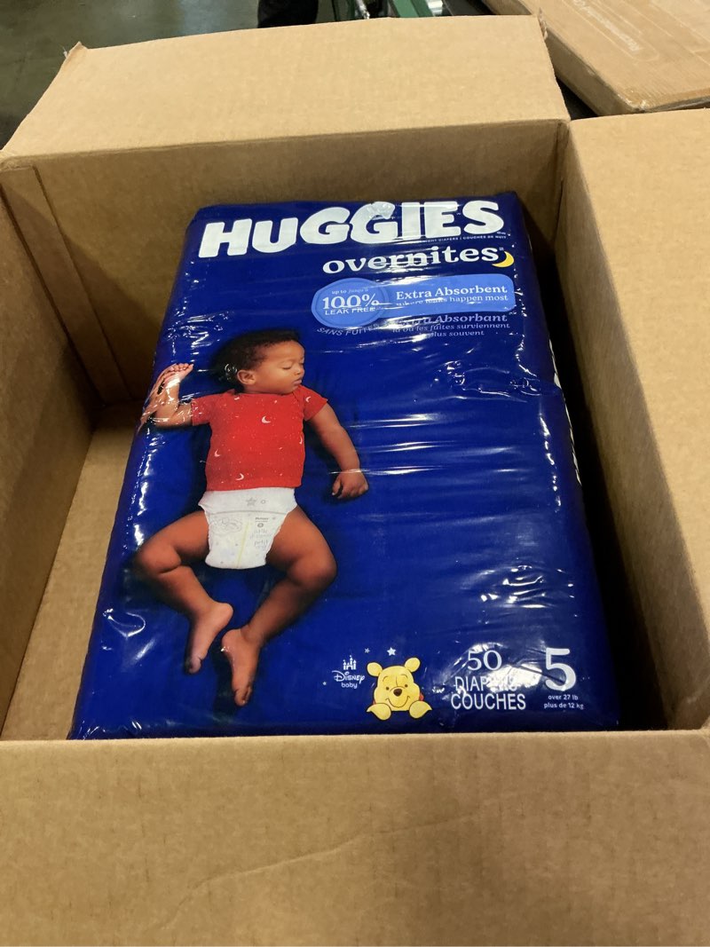 Condition photo showing New/Like New for Huggies Size 5 Overnites Baby Diapers: Overnight Diapers, Size 5 (27+ lbs), 100 Ct (2 Packs of 50), Packaging May Vary