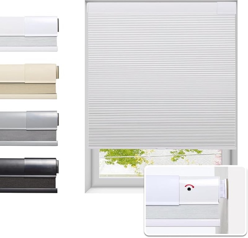 (Similar)No Drill Cellular Shades for Indoor Windows, Thermal Insulating & Noise Reducing Honeycomb Blinds, Free Stop Cordless Blackout Shades, White, 41 1/2\" W x 64\" H