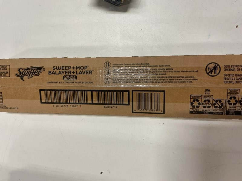 Condition photo showing New/Like New for swiffer sweep and mop deluxe  2-in-1 floor mopping and sweeping kit  includes 1 sweeper device  5 heavy duty dry sweeping cloths  6 heavy duty wet mopping cloths