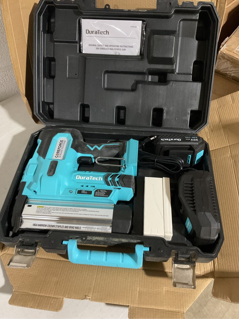Condition photo showing Good Condition for duratech 20v cordless brad nailer, 18 gauge, 2-in-1 nail/staple gun for upholstery, carpentry, including 2.0ah rechargeable battery, 1h quick charger, 1000 staples, 1000 nails and carrying case