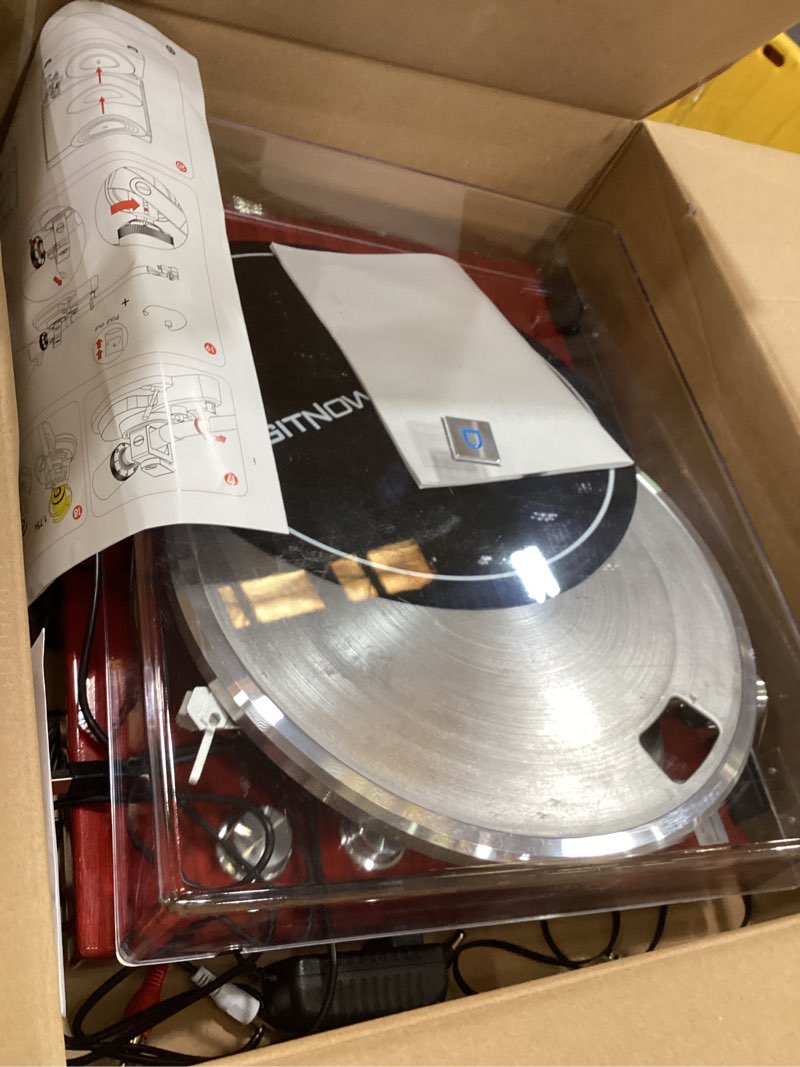 Condition photo showing Good Condition for belt drive turntable for vinyl record player,connect with bluetooth speakers or active speaker,built-in phono pre-amp,usb digital output, magnetic cartridge,high-gloss wood design(red)