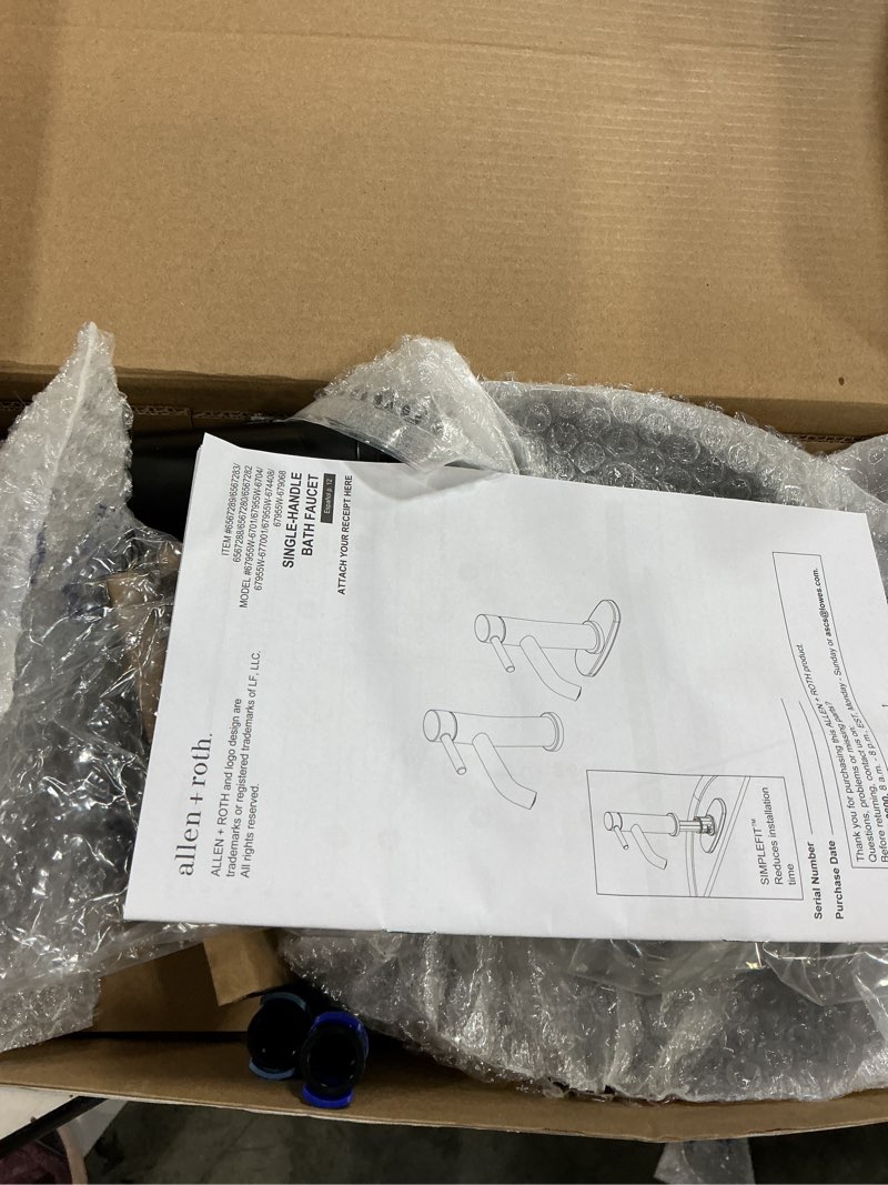 Condition photo showing As Is for allen + roth matte black single hole 1-handle watersense mid-arc residential handle bathroom sink faucet with drain with deck plate