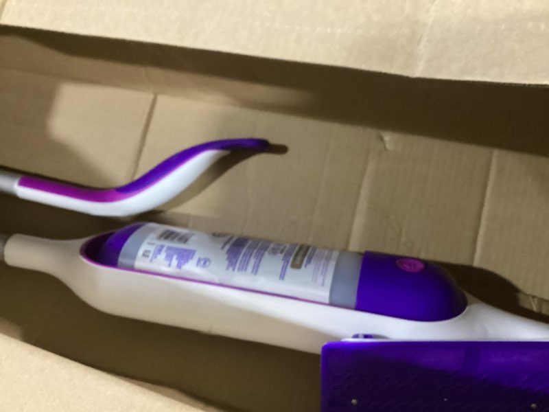 Condition photo showing As Is for (mop only )swiffer powermop multi-surface mop kit for floor cleaning, includes powermop, 2 mopping pad refills, 1 cleaning solution with fresh scent and 2 batteries purple and whiteo