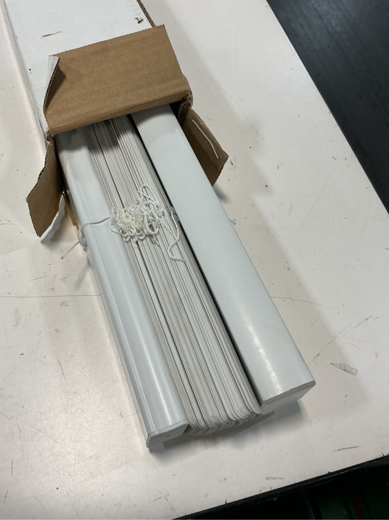 Condition photo showing As Is for project source light filtering 1-in slat width 47-in x 64-in cordless white vinyl light filtering mini-blinds