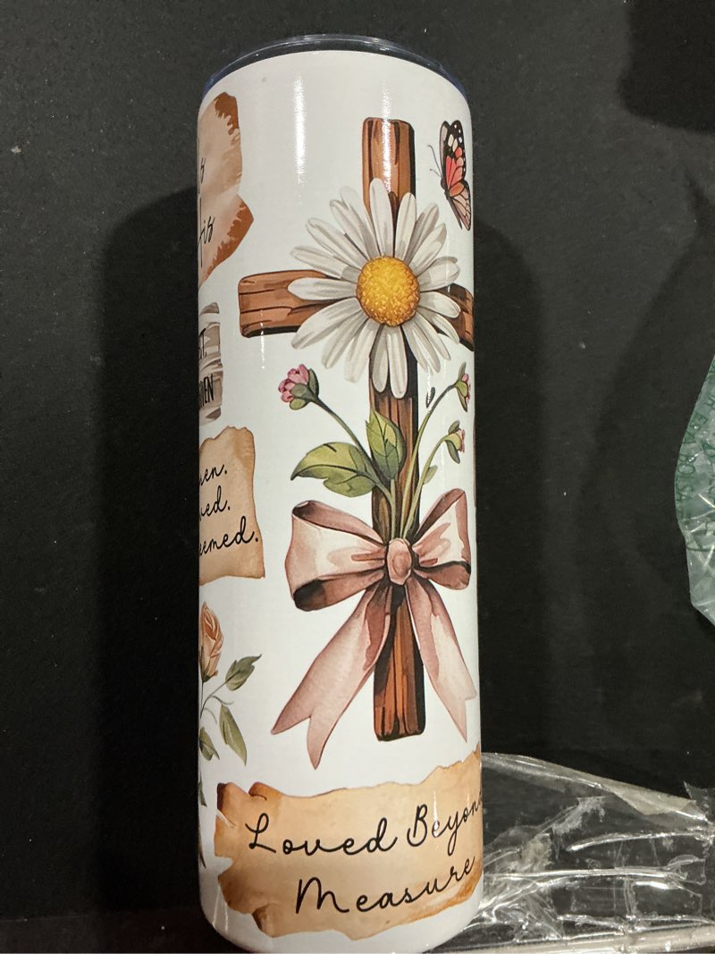 Condition photo showing Good Condition for Boho Christian Skinny Tumbler, 20oz Stainless Steel Travel Mug with Floral Cross & Bible Verse, Fait